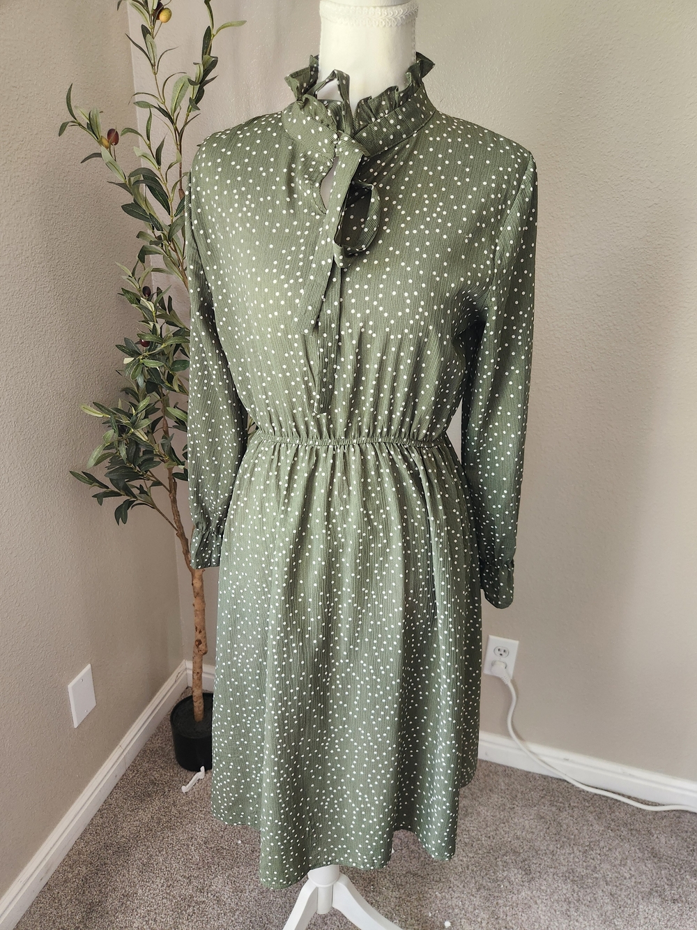 Ruffled Tie-Neck Olive Green Polka Dot Long-Sleeve Dress